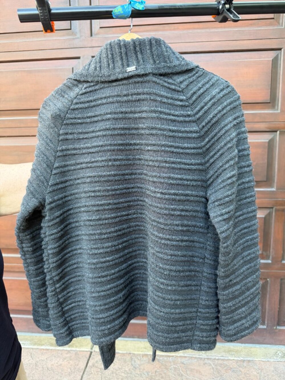 St. John charcoal grey rib knit sweater jacket, Fall 2011; wool/ silk/cashmere - Picture 2 of 7